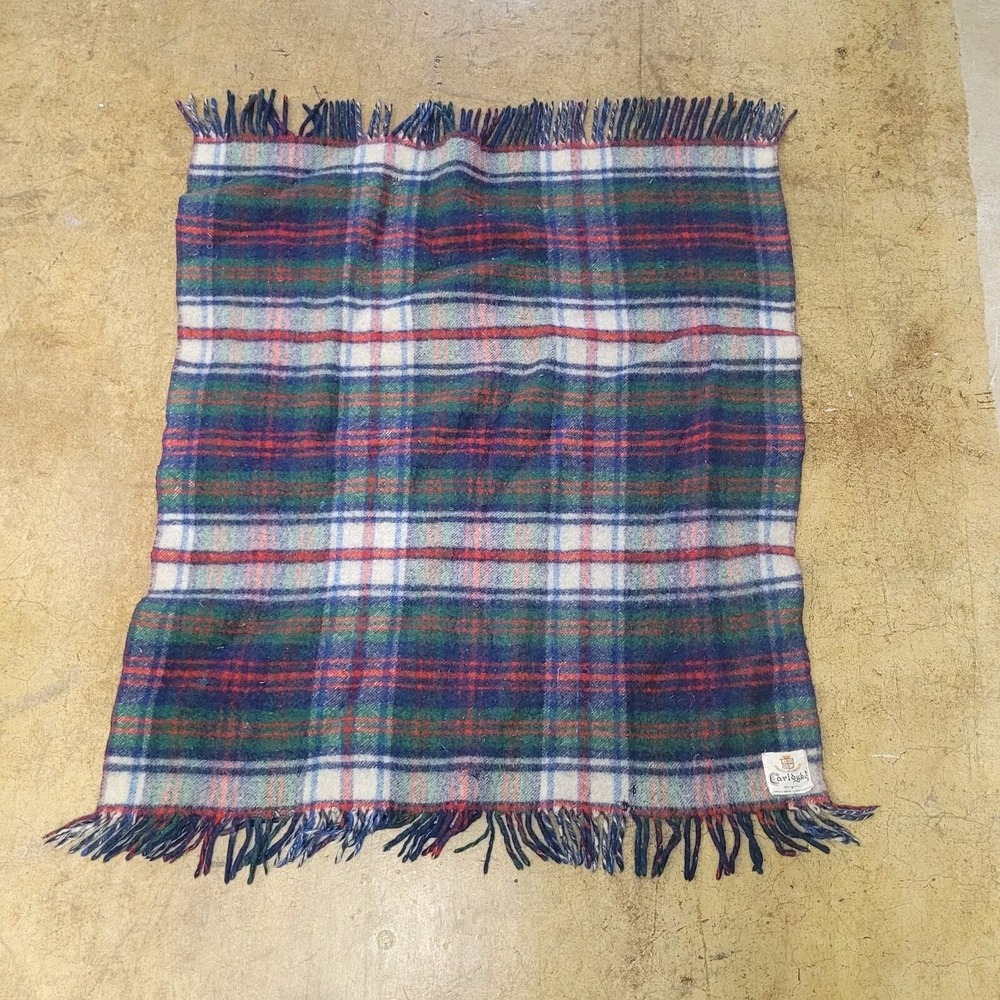 Carldyke Plaid Wool Blanket Unisex OS Navy Blue Fringed Reversible USA Vintage
